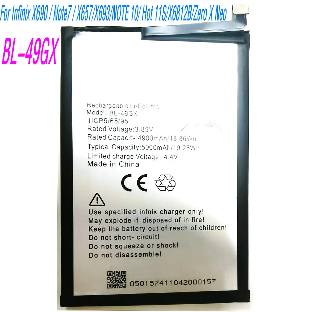 3.85V 19.25Wh BL-49GX Battery For Infinix X690 Note7 X657 X693 NOTE 10 Hot 11S X6812B Zero X Neo Mobile Phone
3.85V 19.25Wh BL-49GX Battery For Infinix X690 Note7 X657 X693 NOTE 10 Hot 11S X6812B Zero X Neo Mobile Phone