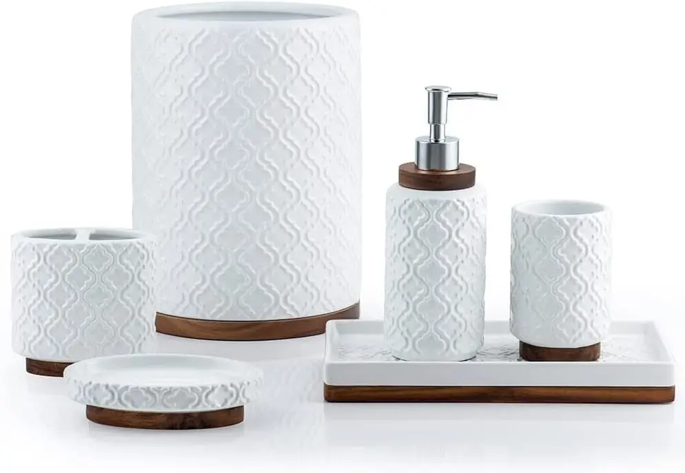 6-Piece Ceramic and Wood Bathroom Set with Soap Dispenser, Toothbrush Holder, Tray, Tumbler, Soap Dish, and Trash Can in White
6-Piece Ceramic and Wood Bathroom Set with Soap Dispenser, Toothbrush Holder, Tray, Tumbler, Soap Dish, and Trash Can in White
