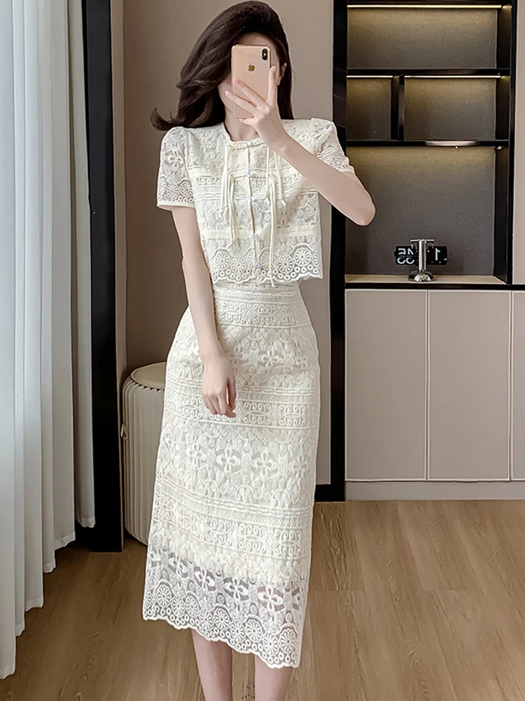 Women Clothing 2 Piece Set 2025 Summer Vintage Short Sleeve Hollow Lace Crop Tops + High Waist Bodycon Skirts Casual OL Outfits
Women Clothing 2 Piece Set 2025 Summer Vintage Short Sleeve Hollow Lace Crop Tops + High Waist Bodycon Skirts Casual OL Outfits