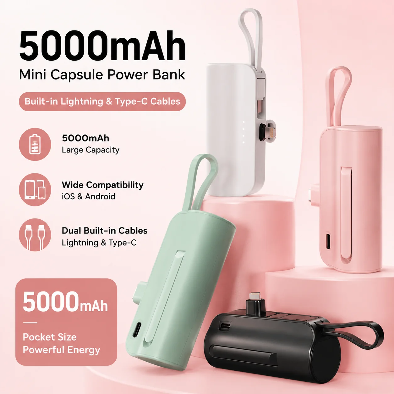 PURFIELD 5000mAh Mini Power Bank, Capsule-Shaped Portable Charger Self-Contained Cable, Pocket Mobile Battery for iPhone Huawei
PURFIELD 5000mAh Mini Power Bank, Capsule-Shaped Portable Charger Self-Contained Cable, Pocket Mobile Battery for iPhone Huawei