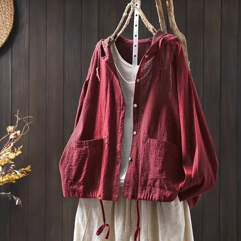 2025 Large size blouses for women autumn spring 100% cotton yarn hooded long sleeve single-breasted shirts and blouses 
2025 Large size blouses for women autumn spring 100% cotton yarn hooded long sleeve single-breasted shirts and blouses