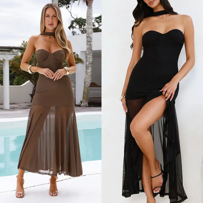 Sanhu Lianjiang C25DS004 women's solid color sleeveless slit mesh strapless A-line jumpsuit long skirt
Sanhu Lianjiang C25DS004 women's solid color sleeveless slit mesh strapless A-line jumpsuit long skirt