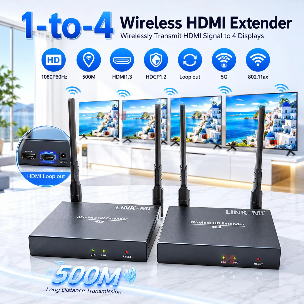 1-to-4 Wireless HDMI Extender Transmitter Receiver Set 1080P60Hz Long Distance 500M HD Video Signal Extender
1-to-4 Wireless HDMI Extender Transmitter Receiver Set 1080P60Hz Long Distance 500M HD Video Signal Extender