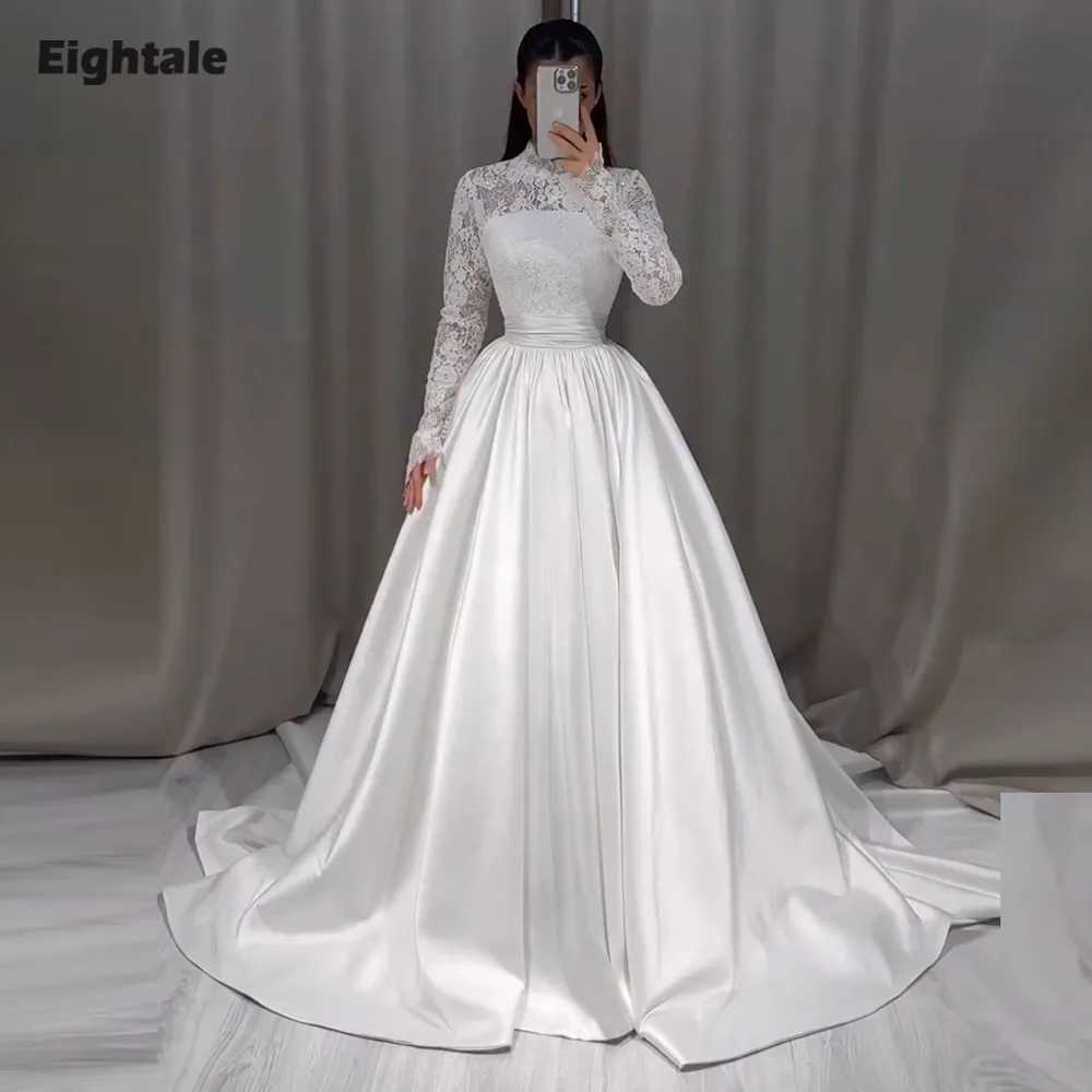 Eightale Arabic Wedding Dresses Customized High Neck Lace Long Sleeves Ivory A-Line Satin Bridal Gowns Vestidos De Novia
Eightale Arabic Wedding Dresses Customized High Neck Lace Long Sleeves Ivory A-Line Satin Bridal Gowns Vestidos De Novia