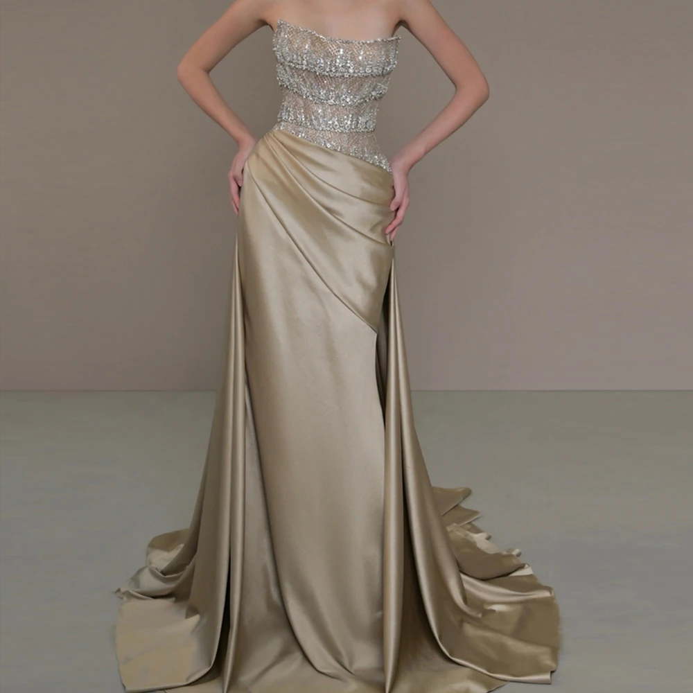 Customized Mermaid Evening Dresses Floor-length Strapless Sleeveless Prom Gown Fashion Crystal Pleat Simple Draped Party Gown
Customized Mermaid Evening Dresses Floor-length Strapless Sleeveless Prom Gown Fashion Crystal Pleat Simple Draped Party Gown