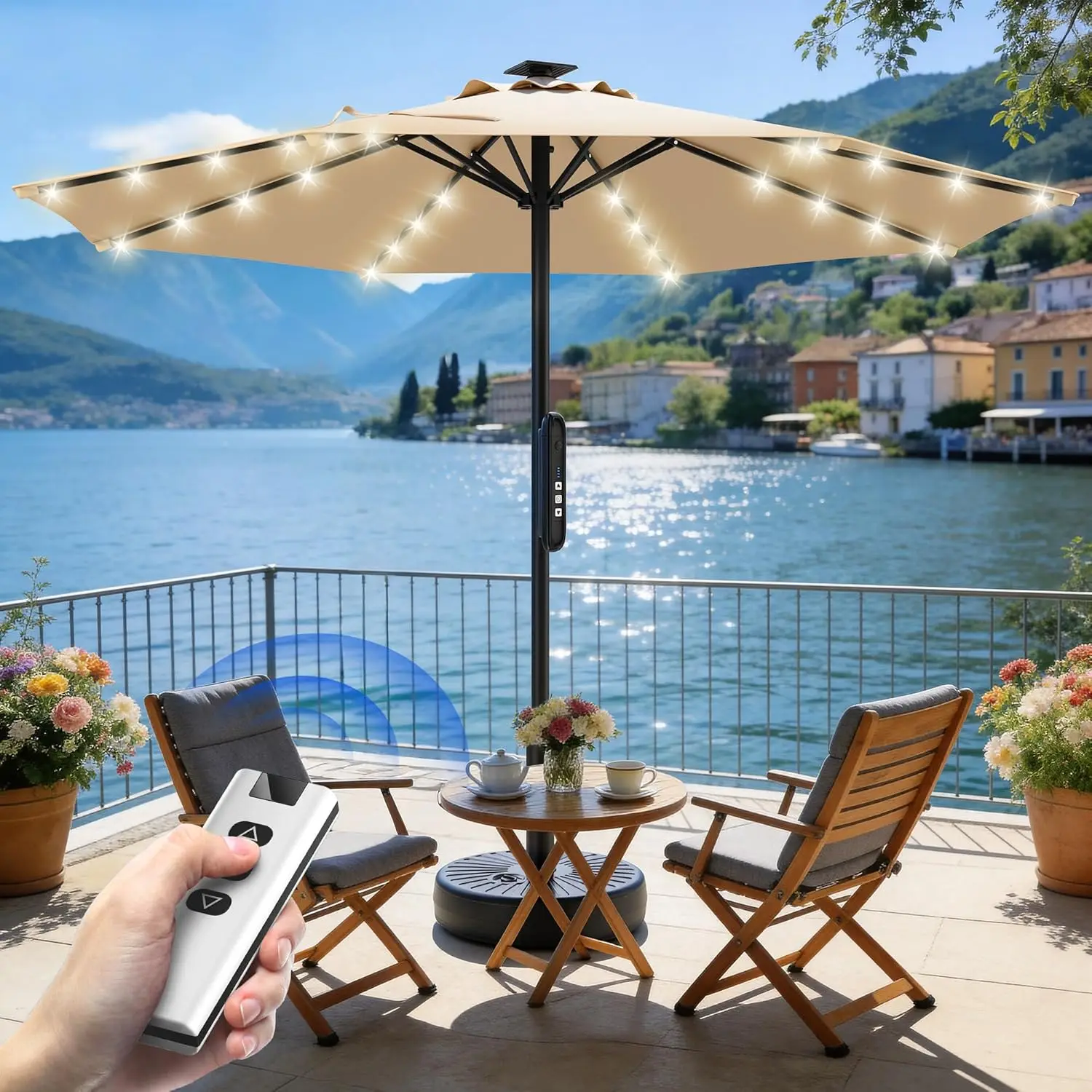 9FT Motorized Patio Umbrella with Remote Control & Solar Lights, Outdoor Table Umbrella with One-Button Switch for, Customized
9FT Motorized Patio Umbrella with Remote Control & Solar Lights, Outdoor Table Umbrella with One-Button Switch for, Customized