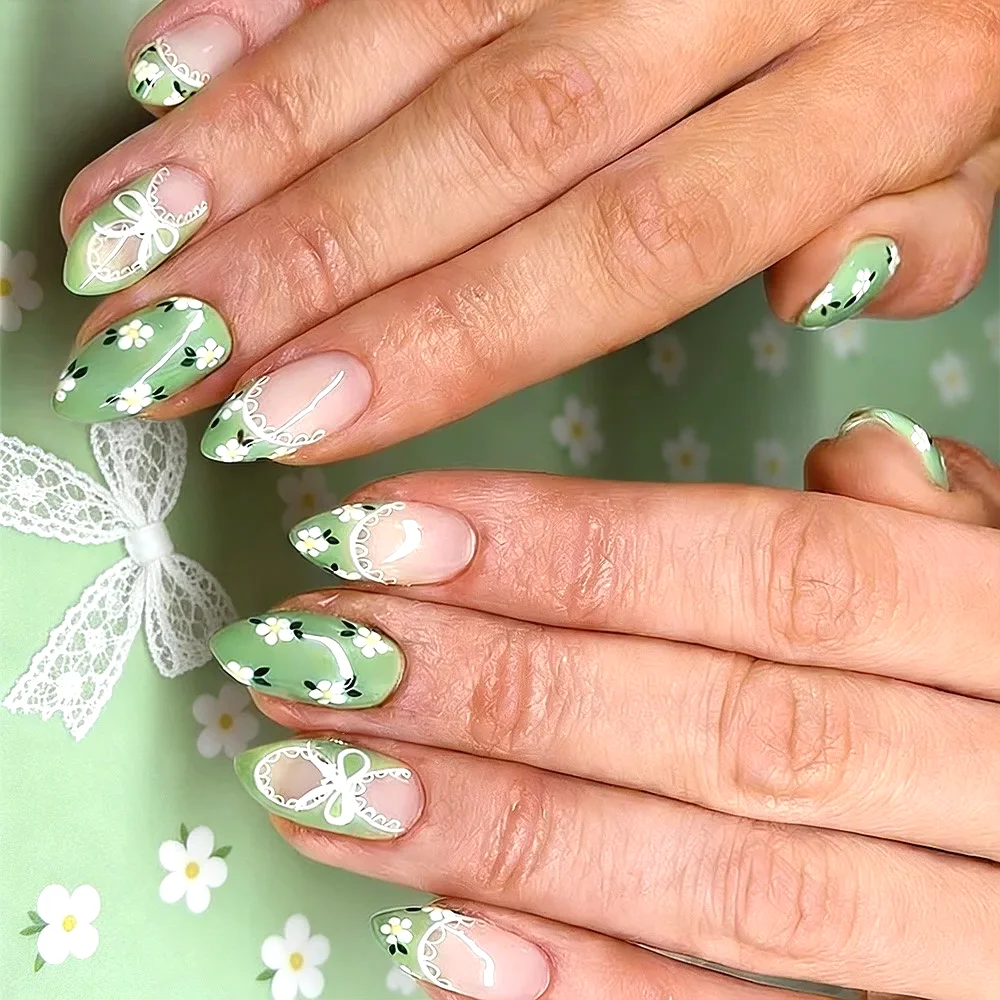 24Pcs Mid-length Almond Press on False Nails Green Lace French Fake Nails with Simple Flower Bow Reusable Full Cover Nails Tips
24Pcs Mid-length Almond Press on False Nails Green Lace French Fake Nails with Simple Flower Bow Reusable Full Cover Nails Tips