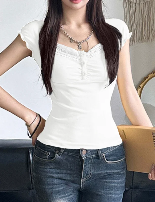 Sexy slim fit knitted lace short sleeved top for women's fashion casual 2025 summer new women's T-shirt
Sexy slim fit knitted lace short sleeved top for women's fashion casual 2025 summer new women's T-shirt