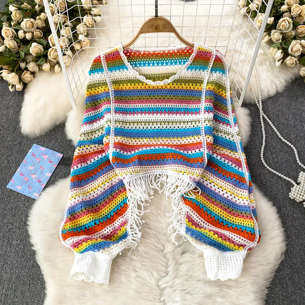 Retro Rainbow Stripe Knitted Sweater Women Autumn 2024 New Collection Hook Flower Hollow Lantern Long Sleeve Tassel Bottom Top
Retro Rainbow Stripe Knitted Sweater Women Autumn 2024 New Collection Hook Flower Hollow Lantern Long Sleeve Tassel Bottom Top