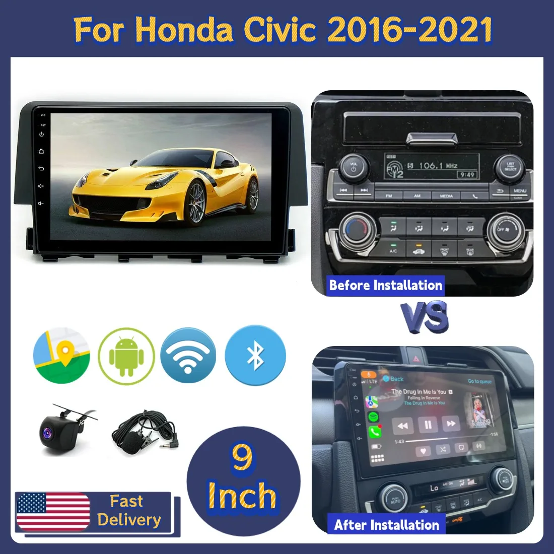 9in Car Radio Stereo For Honda Civic 2016-2021 For Carplay 2+64G GPS Navi Head Unit Android 15 WiFi Bluetooth Multimedia Player
9in Car Radio Stereo For Honda Civic 2016-2021 For Carplay 2+64G GPS Navi Head Unit Android 15 WiFi Bluetooth Multimedia Player