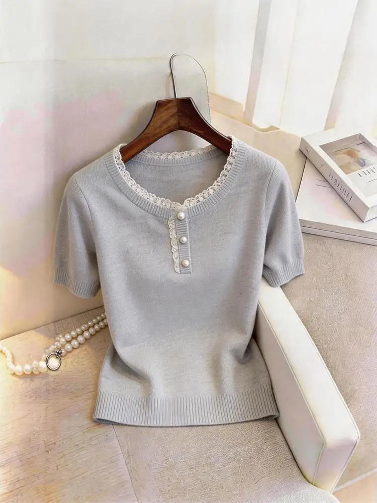 Lace Splice Short Sleeve Knitted Sweater Women Summer Thin Loose Belly Concealing Anti-aging Top Korean Style Breathable Ligh...
Lace Splice Short Sleeve Knitted Sweater Women Summer Thin Loose Belly Concealing Anti-aging Top Korean Style Breathable Ligh...