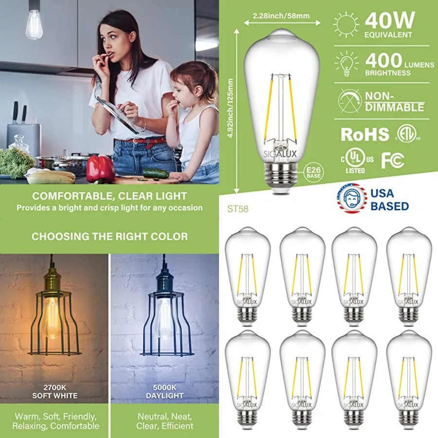 Edison Bulbs, E26 LED Bulb ST58 Filament Clear Non-Dimmable Vintage Light Bulbs 40W Equivalent 400LM Daylight White 5000K 15, 0
Edison Bulbs, E26 LED Bulb ST58 Filament Clear Non-Dimmable Vintage Light Bulbs 40W Equivalent 400LM Daylight White 5000K 15, 0