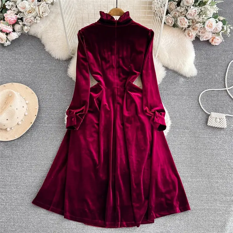 Vintage Autumn Dress Palace Style Celebrity Temperament Long Sleeve Stand Neck Pleated Waist Slim A-Line Gold Velvet Dress C096
Vintage Autumn Dress Palace Style Celebrity Temperament Long Sleeve Stand Neck Pleated Waist Slim A-Line Gold Velvet Dress C096