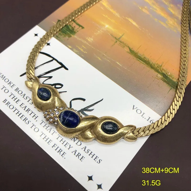 Lapis Lazuli Gemstone Inlaid Necklace Stud Earrings Set, Simple Temperament Versatile Design, Old Gold Short Accessories Versati
Lapis Lazuli Gemstone Inlaid Necklace Stud Earrings Set, Simple Temperament Versatile Design, Old Gold Short Accessories Versati