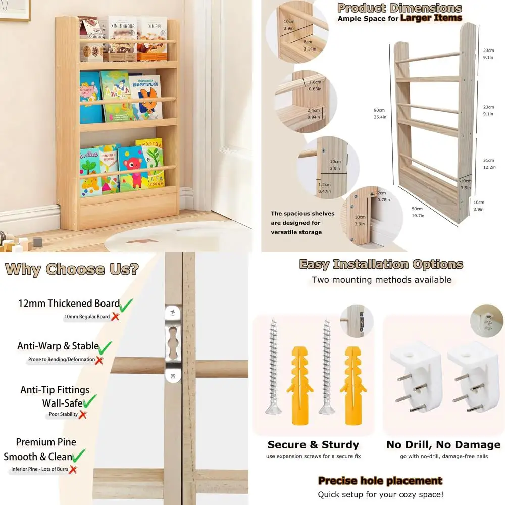 Space-Efficient Wall-Mounted Wooden Bookshelf for Kids' Rooms, Bedrooms, Living Areas, and Nurseries – Easy to Install, Natural
Space-Efficient Wall-Mounted Wooden Bookshelf for Kids' Rooms, Bedrooms, Living Areas, and Nurseries – Easy to Install, Natural