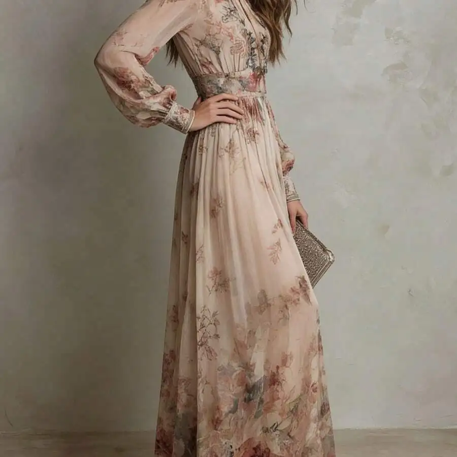 Vintage Floral Chiffon Maxi Gown With Modest Round Neck, Elbow-Length Puffed Sleeves, And Subtle Waist Ruching
Vintage Floral Chiffon Maxi Gown With Modest Round Neck, Elbow-Length Puffed Sleeves, And Subtle Waist Ruching