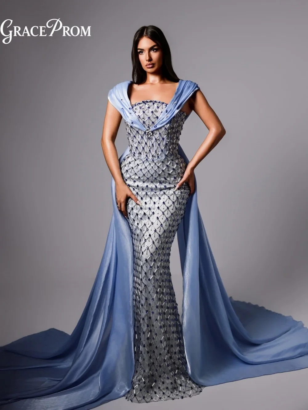 Luxury Sky Blue Grid Beads Off Shoulder Satin Cape Evening Gown 2026 Straight Neck Corset Wedding Guest Party Dress فساتين سهرة
Luxury Sky Blue Grid Beads Off Shoulder Satin Cape Evening Gown 2026 Straight Neck Corset Wedding Guest Party Dress فساتين سهرة