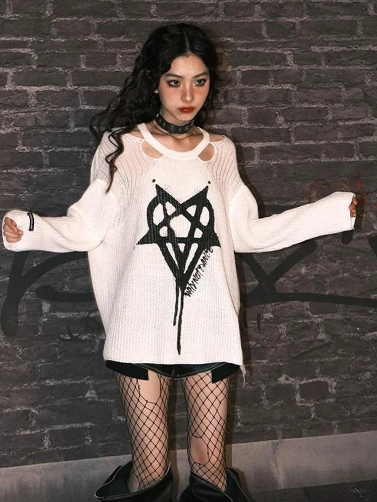 Harajuku Streetwear Knitted Sweater Women Cyber Punk Y2k Pentagram Printed Long Sleeve Hollow Out Loose Casual Pullover
Harajuku Streetwear Knitted Sweater Women Cyber Punk Y2k Pentagram Printed Long Sleeve Hollow Out Loose Casual Pullover