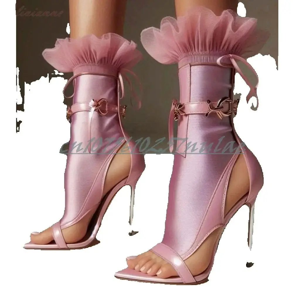 Pink Lace Silk Open Toe Ankle Boots Stiletto High Heel Strappy Fashion Retro Style Runway Women Shoes 2026 Spring Para Mujere
Pink Lace Silk Open Toe Ankle Boots Stiletto High Heel Strappy Fashion Retro Style Runway Women Shoes 2026 Spring Para Mujere