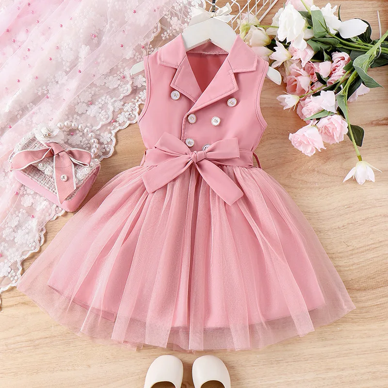 Children's Summer Girls' Sleeveless Stand Collar Buttoned Blazer Mesh Princess Dress Belt Two-Piece Set
Children's Summer Girls' Sleeveless Stand Collar Buttoned Blazer Mesh Princess Dress Belt Two-Piece Set