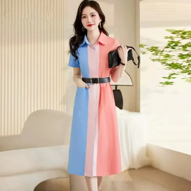 Elegant Lace up Shirt Dress Mid Length 2023 New Fashion Contrast Color Patchwork For Summer Slimming Dress Female Design Sense
Elegant Lace up Shirt Dress Mid Length 2023 New Fashion Contrast Color Patchwork For Summer Slimming Dress Female Design Sense