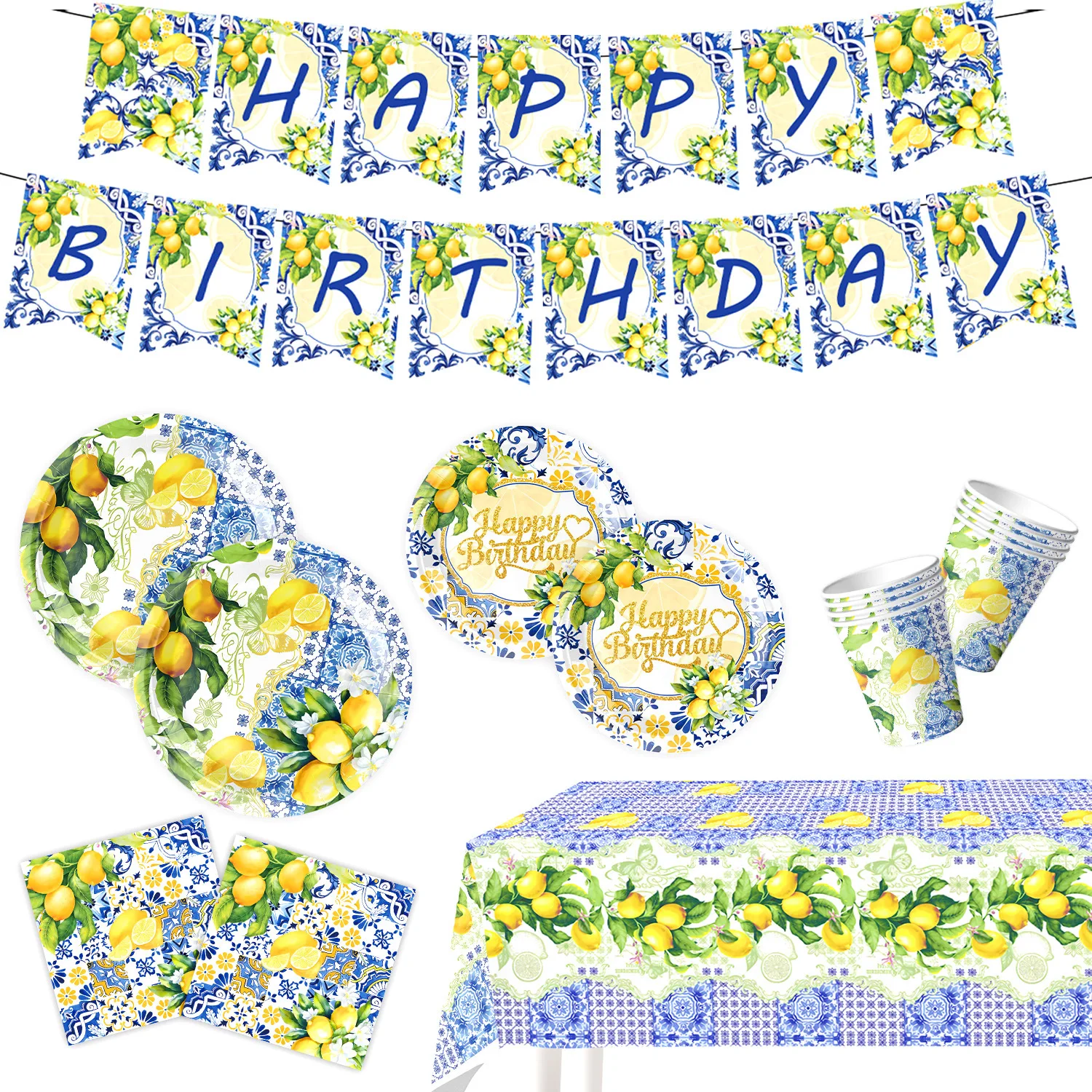52pcs Summer Lemon Theme Retro Blue and White Porcelain Disposable Paper Plate Paper Cup Flag Pulling Tablecloth Decoration Set
52pcs Summer Lemon Theme Retro Blue and White Porcelain Disposable Paper Plate Paper Cup Flag Pulling Tablecloth Decoration Set