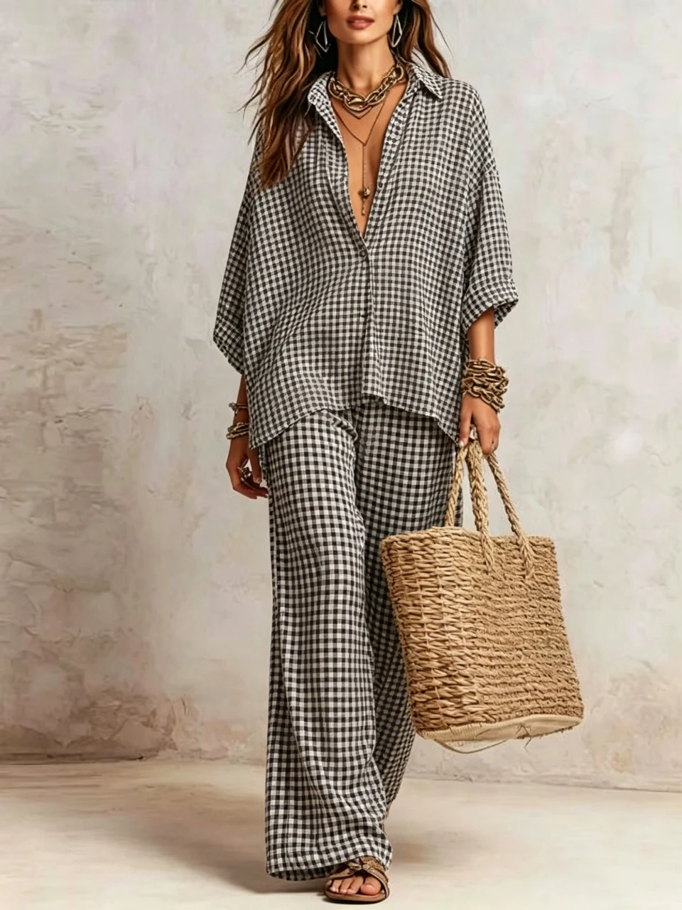 Retro Checkered Print 2 Piece Set Women Summer Lapel 3/4 Sleeve Shirt Top & Wide Leg Pant Streetwear Casual Loose Trousers Suit
Retro Checkered Print 2 Piece Set Women Summer Lapel 3/4 Sleeve Shirt Top & Wide Leg Pant Streetwear Casual Loose Trousers Suit