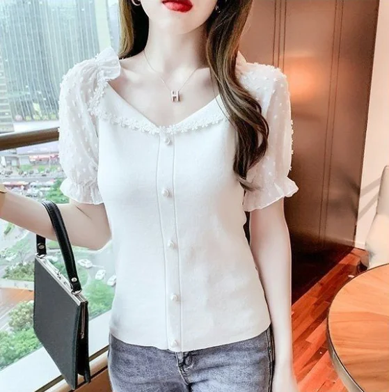 Chiffon patchwork elastic knitted bubble sleeves slim fit women's short sleeved top for summer 2025 new women's clothing
Chiffon patchwork elastic knitted bubble sleeves slim fit women's short sleeved top for summer 2025 new women's clothing