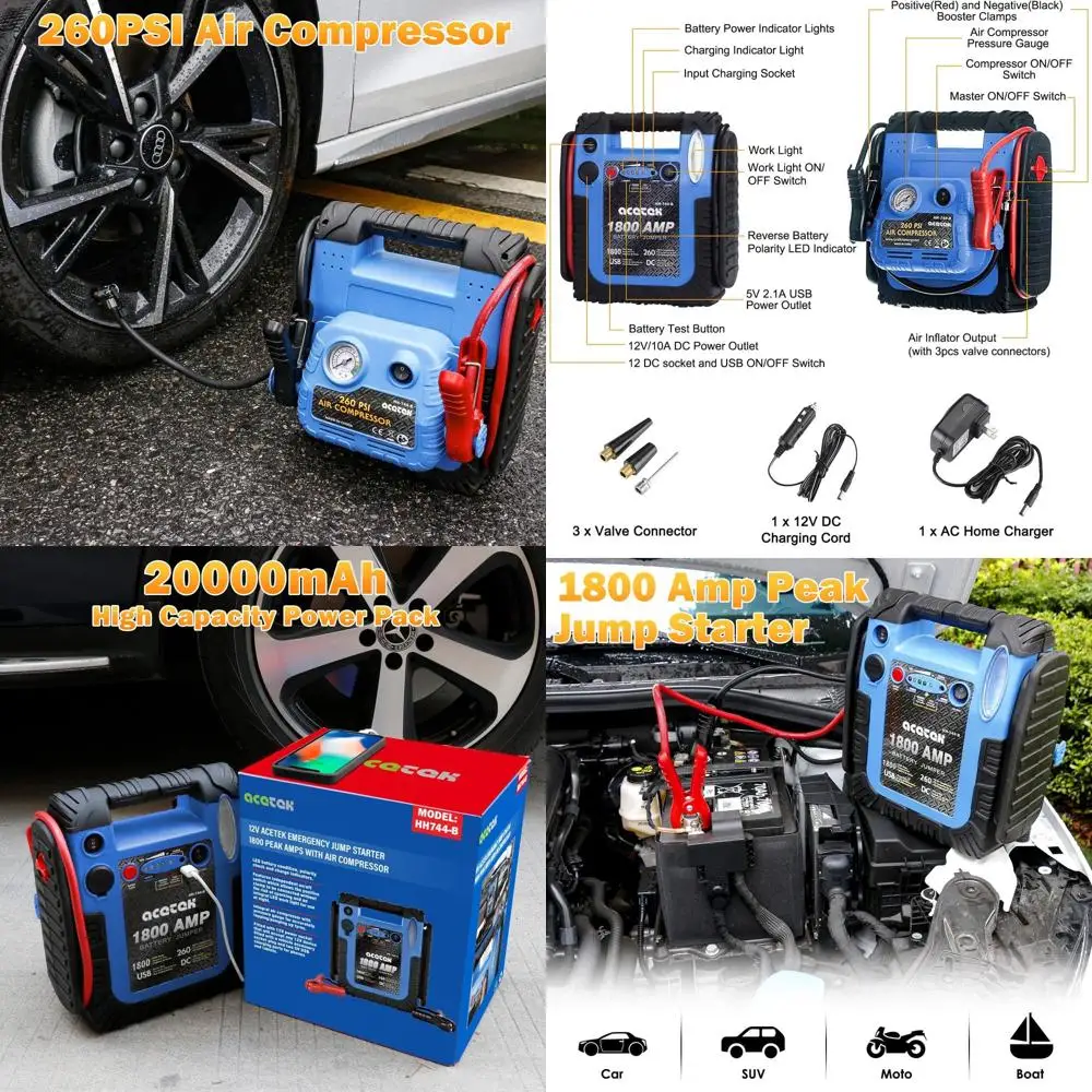 1800 Amp Jump Starter with Air Compressor, Car Battery Jump Starter 260 PSI Tire Inflator, 20000 mAh 12V Auto Lead-Acid Battery
1800 Amp Jump Starter with Air Compressor, Car Battery Jump Starter 260 PSI Tire Inflator, 20000 mAh 12V Auto Lead-Acid Battery