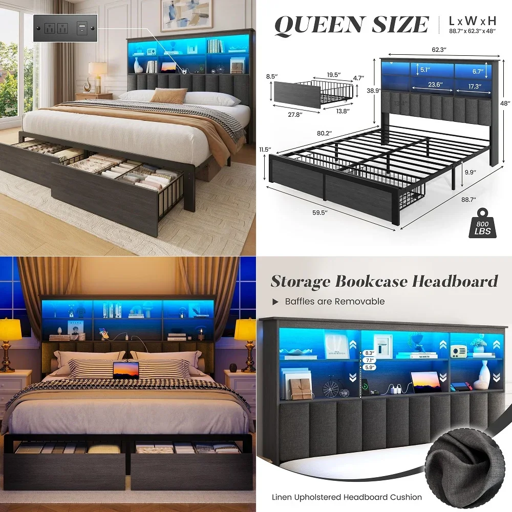 Queen Bed Frame with Headboard, Queen Bed Frame with High Storage Bookcase Headboard, 2 Storage Drawers amp Charging Station, N
Queen Bed Frame with Headboard, Queen Bed Frame with High Storage Bookcase Headboard, 2 Storage Drawers amp Charging Station, N