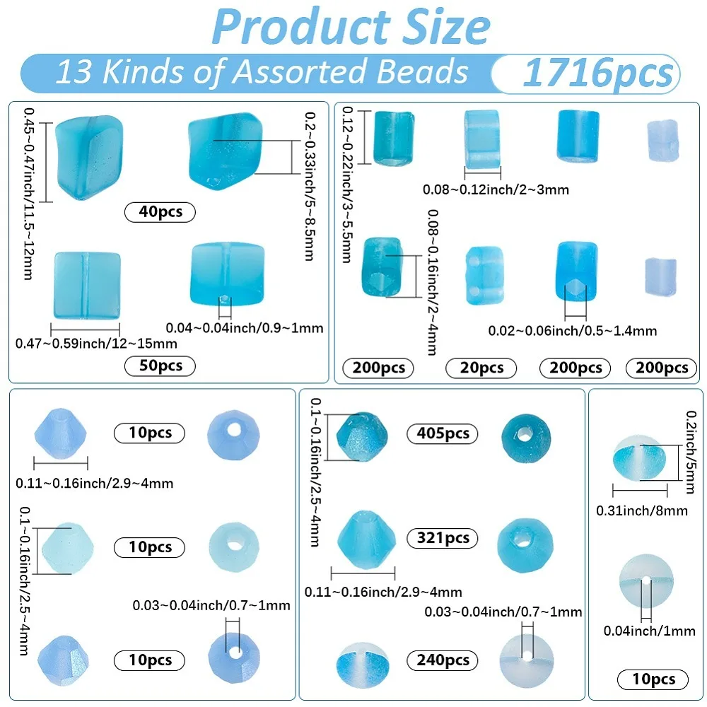 1716Pcs Mixed Styels Glass Beads Mixed Shapes Blue 2.9~15x2~12x2~8.5mm Hole: 0.5~1.4mm
1716Pcs Mixed Styels Glass Beads Mixed Shapes Blue 2.9~15x2~12x2~8.5mm Hole: 0.5~1.4mm
