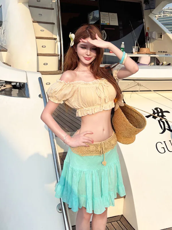 Beach Vacation Style Short Sleeve One Shoulder Top And a Line Skirt Set Women's Summer Fashion Outfit Mint Green Color
Beach Vacation Style Short Sleeve One Shoulder Top And a Line Skirt Set Women's Summer Fashion Outfit Mint Green Color
