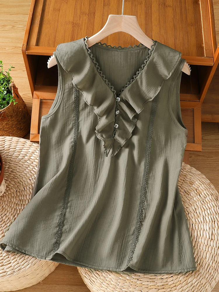 Elegant Lace Trim Blouse Women's Sleeveless V-Neck Summer Fashion Anti-Aging Top High-End European Style Floral Shirt
Elegant Lace Trim Blouse Women's Sleeveless V-Neck Summer Fashion Anti-Aging Top High-End European Style Floral Shirt