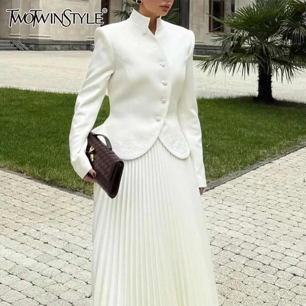 TWOTWINSTYLE Elegant Two Piece Set for Women Stand Collar Long Sleeve Spliced Button Tops High Waist Skirt Set Female
TWOTWINSTYLE Elegant Two Piece Set for Women Stand Collar Long Sleeve Spliced Button Tops High Waist Skirt Set Female