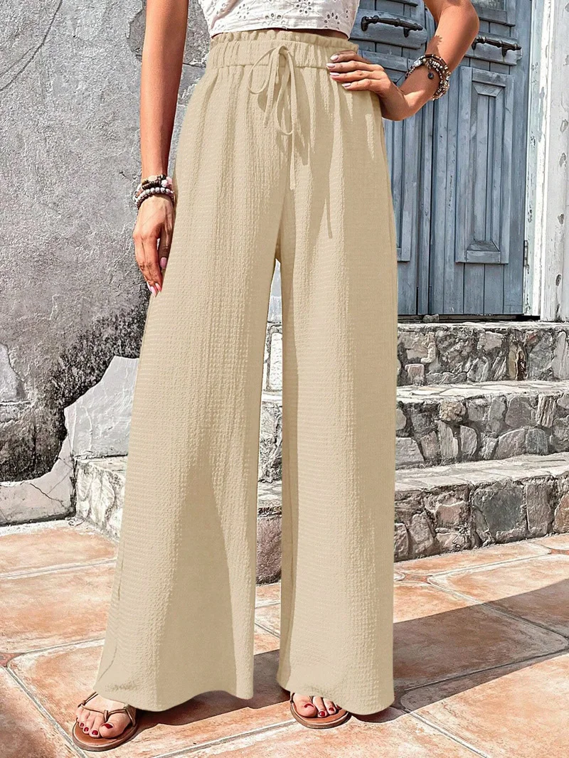 Women's Plain Frill Trim Drawstring Waist Wide Leg Pants, Boho Casual High Waist Trousers for Daily Outdoor Wear, Ladies Bottoms
Women's Plain Frill Trim Drawstring Waist Wide Leg Pants, Boho Casual High Waist Trousers for Daily Outdoor Wear, Ladies Bottoms