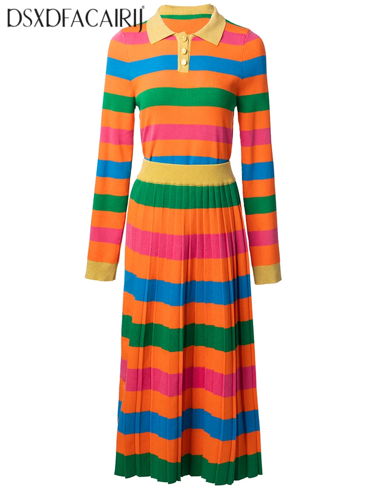 DSFACAIRIJ Women Striped Knitted Two-Piece Set Long Sleeves Turn-down Collar Top with Pleated Skirt High Street Style for Autumn
DSFACAIRIJ Women Striped Knitted Two-Piece Set Long Sleeves Turn-down Collar Top with Pleated Skirt High Street Style for Autumn