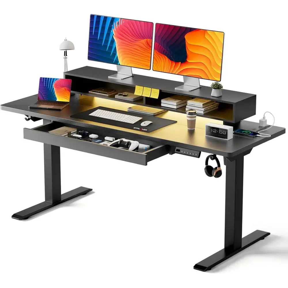Height-Adjustable Standing Desk, 55x24 Gaming Desk with Monitor Stand, Power Outlets, LED Lights, Memory Preset (Black)
Height-Adjustable Standing Desk, 55x24 Gaming Desk with Monitor Stand, Power Outlets, LED Lights, Memory Preset (Black)