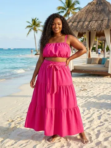 Ensemble haut court à bretelles spaghetti et jupe longue à volants taille haute pour femme grande taille, tenue élégante avec détails volantés pour les vacances à la plage, les soirées et les occasions spéciales