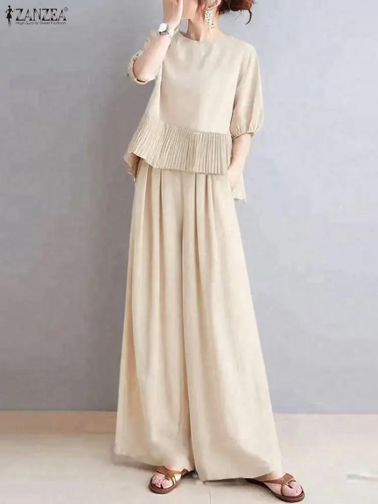 Women Suits ZANZEA Elegant Pant Sets Pleated Tops and Long Wide Leg Pants 2025 Summer Half Sleeve Tops Casual 2 Piece Outfits
Women Suits ZANZEA Elegant Pant Sets Pleated Tops and Long Wide Leg Pants 2025 Summer Half Sleeve Tops Casual 2 Piece Outfits