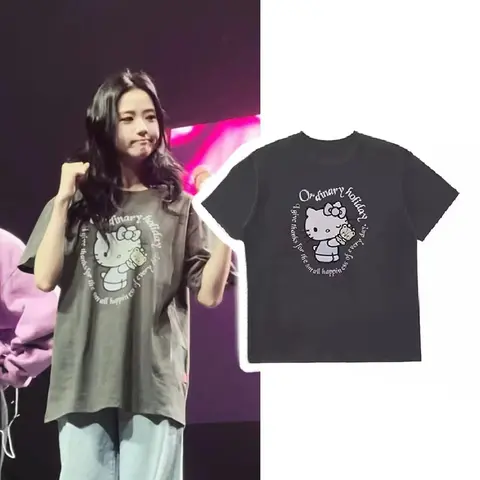 Style coréen du sud Kim Ji-Su Jisoo Hello Kitty dessin animé ample court col rond T-shirts pour les femmes été décontracté lâche t-shirts hauts