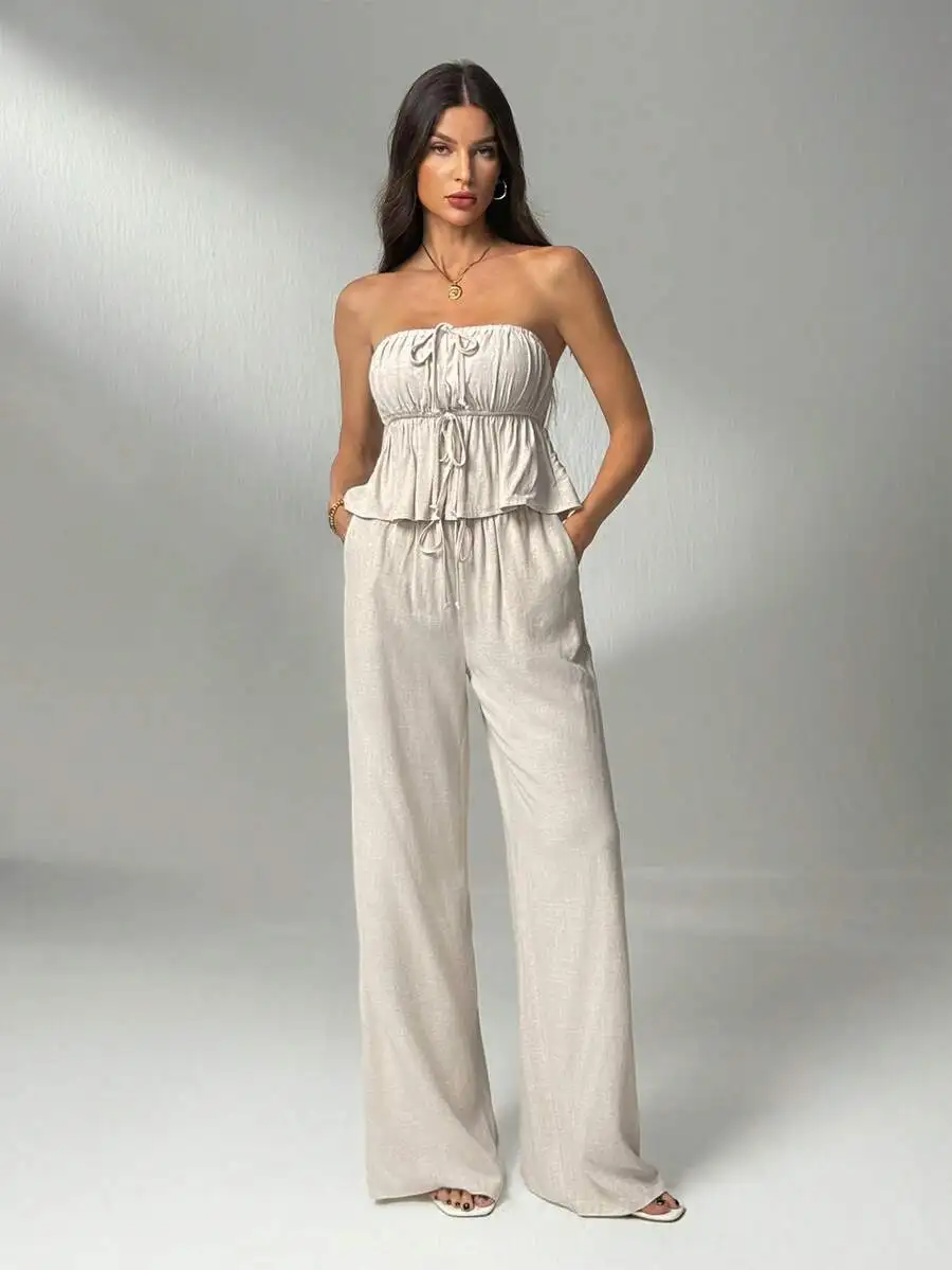 Women Summer Casual Solid Color Strapless Top And Wide Leg Pants Set
Women Summer Casual Solid Color Strapless Top And Wide Leg Pants Set