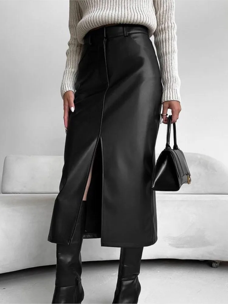 Women New High Waist Front Slit Faux Leather Skirts Spring Autumn Elegant Solid Color Long Skirt Office Lady Slim Skirts
Women New High Waist Front Slit Faux Leather Skirts Spring Autumn Elegant Solid Color Long Skirt Office Lady Slim Skirts