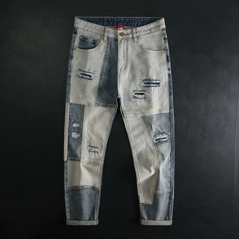 Splicing denim jeans with men's ripped patch design, stylish street style, stretchy, slim fit, small straight leg, trendy pants
Splicing denim jeans with men's ripped patch design, stylish street style, stretchy, slim fit, small straight leg, trendy pants