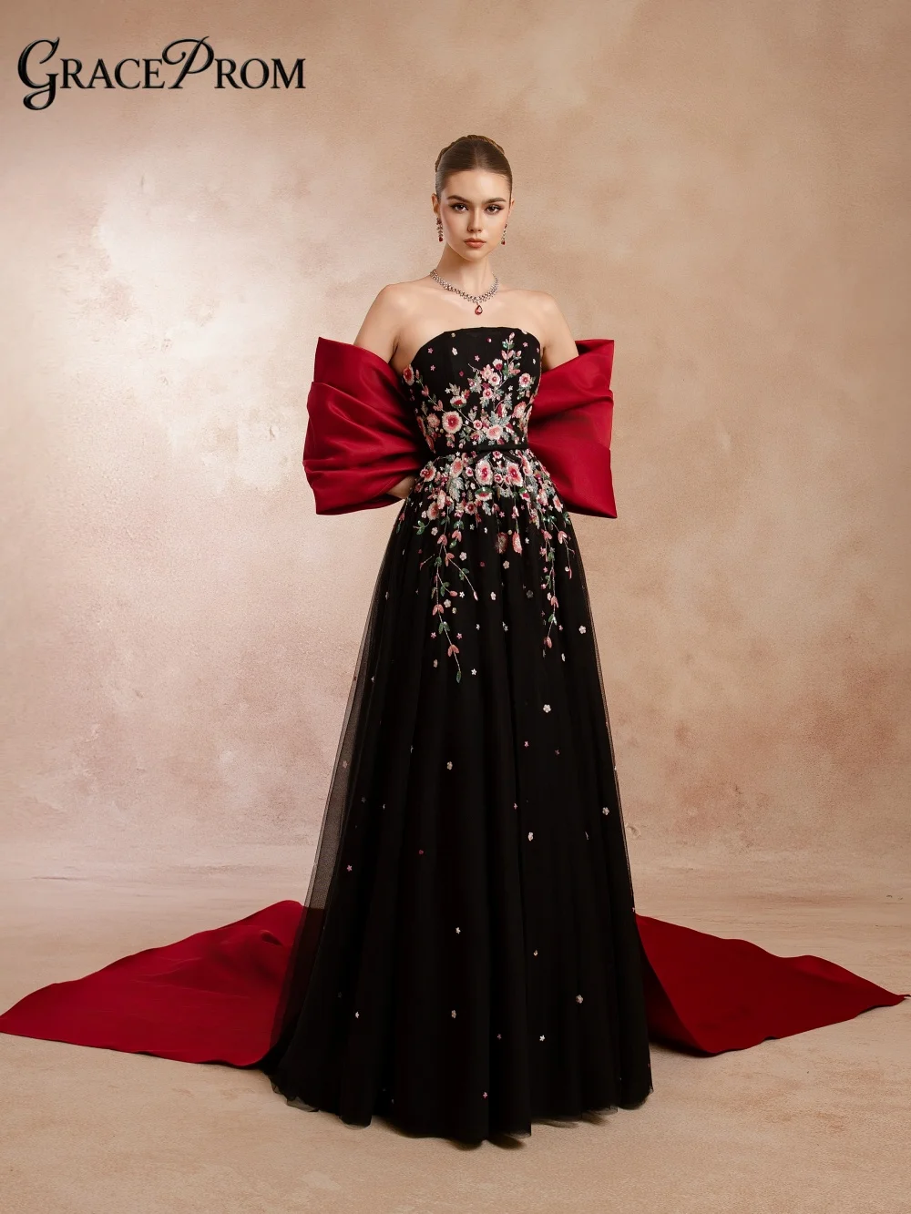 Romantic Vintage Beaded Strapless Black Mesh Party Dress Bold Red Puff Sleeve Train Evening Gown For Wedding Guests فساتين سهرة
Romantic Vintage Beaded Strapless Black Mesh Party Dress Bold Red Puff Sleeve Train Evening Gown For Wedding Guests فساتين سهرة