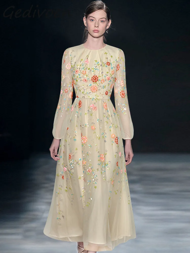 Gedivoen Autumn Fashion Designer Vintage Mesh Party Dress Women's O Neck Embroidery Beading Sequins High Waist Slim Long Dress
Gedivoen Autumn Fashion Designer Vintage Mesh Party Dress Women's O Neck Embroidery Beading Sequins High Waist Slim Long Dress