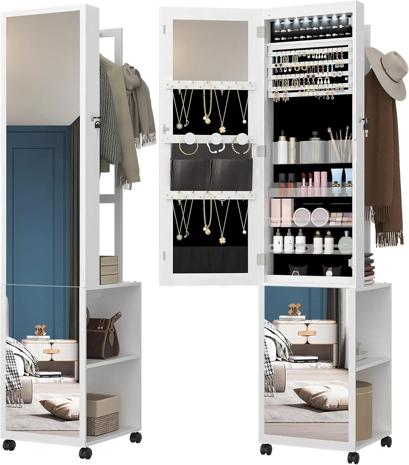 8 LED Jewelry Cabinet Armoire, 66.9in Jewelry Organizer with Garment Rack, Lockable Full-Length Mirror, 4 Wheels, Storage
8 LED Jewelry Cabinet Armoire, 66.9in Jewelry Organizer with Garment Rack, Lockable Full-Length Mirror, 4 Wheels, Storage