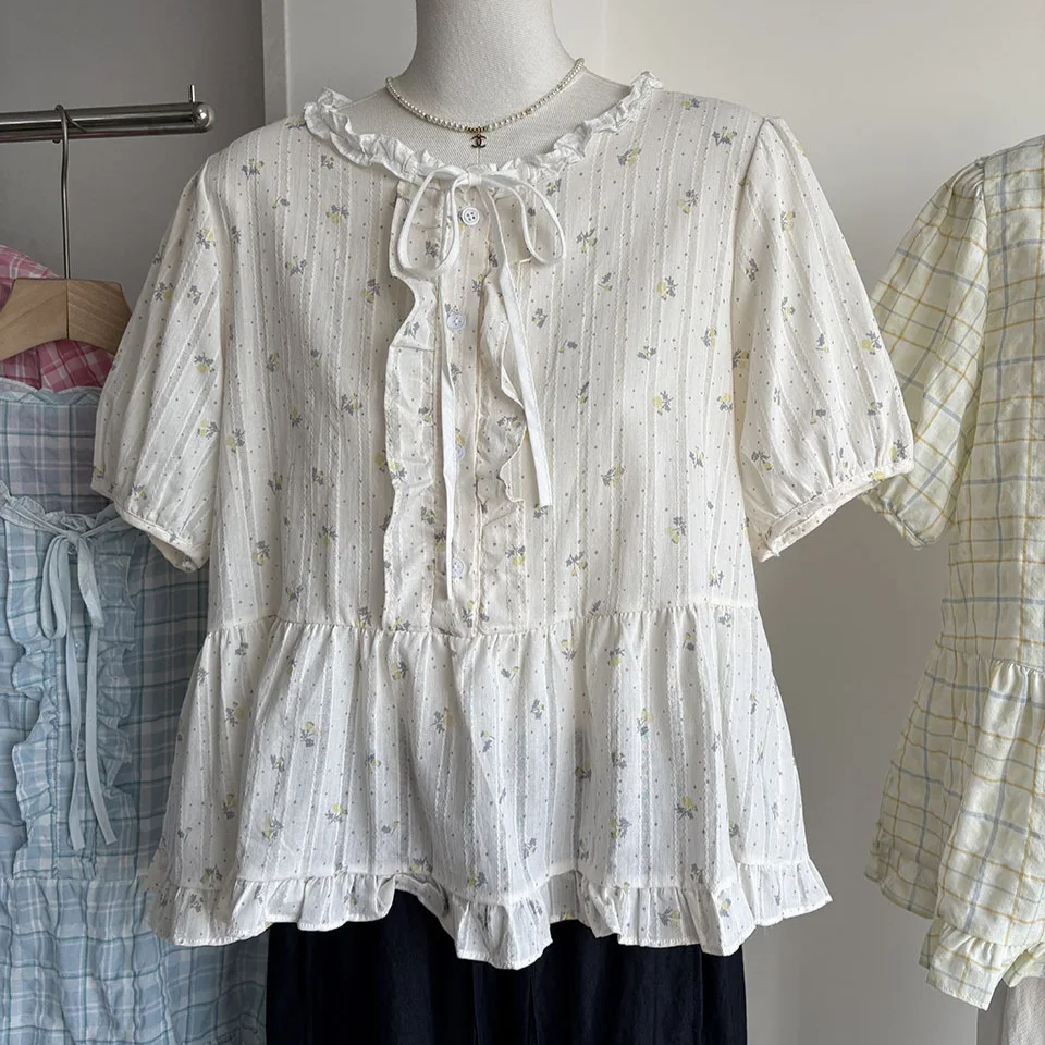Sweet Soft Doll Shirt round Neck Short Sleeve Women's Loose Blouse Korean Style Wooden Flower Print Knot Top
Sweet Soft Doll Shirt round Neck Short Sleeve Women's Loose Blouse Korean Style Wooden Flower Print Knot Top