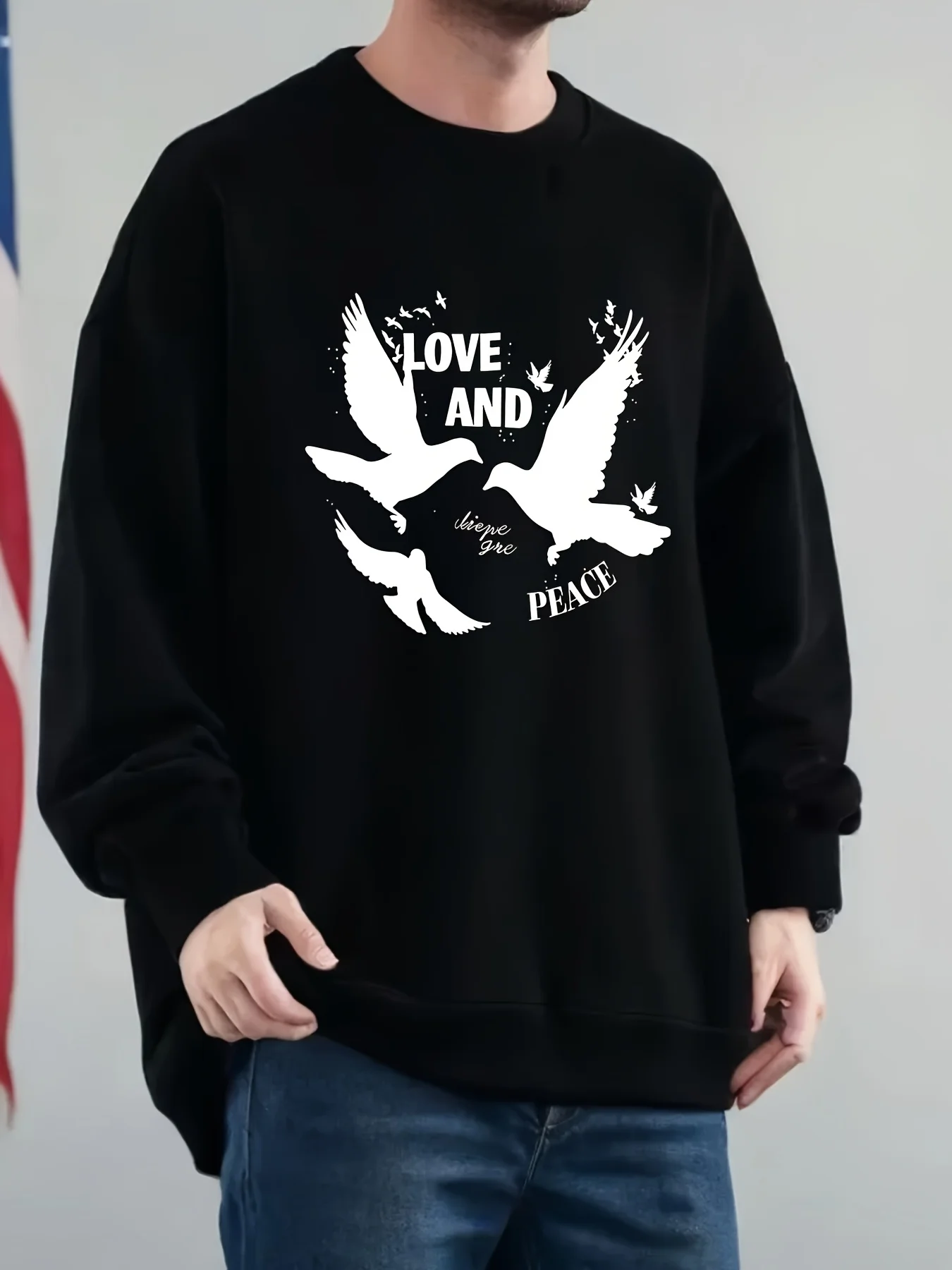 Мужская толстовка с круглым вырезом LOVE AND PEACE — толстый и свободный пуловер с рисунком голубя мира
Мужская толстовка с круглым вырезом LOVE AND PEACE — толстый и свободный пуловер с рисунком голубя мира
