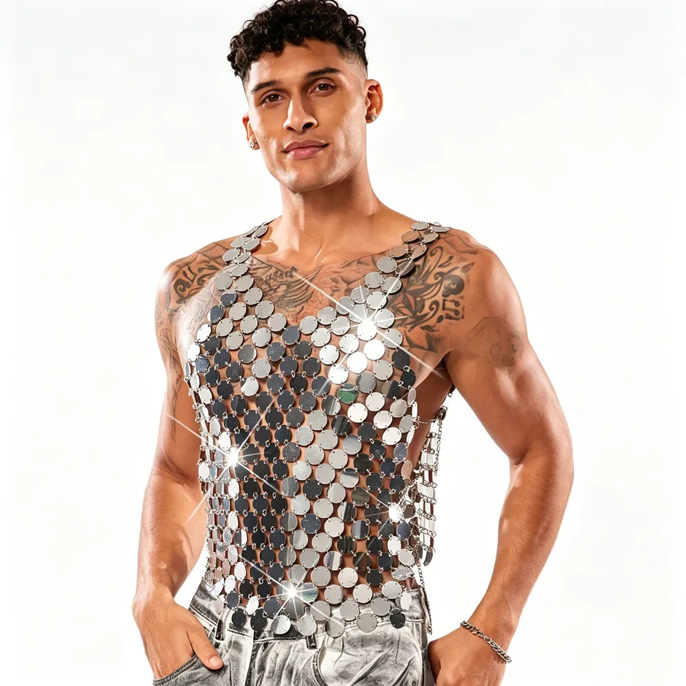 Men's Silver Mirror Splicing Hollow Vest Sexy Party Music Festival Sequin Top Male Singer Nightclub Stage Performance Costume
Men's Silver Mirror Splicing Hollow Vest Sexy Party Music Festival Sequin Top Male Singer Nightclub Stage Performance Costume