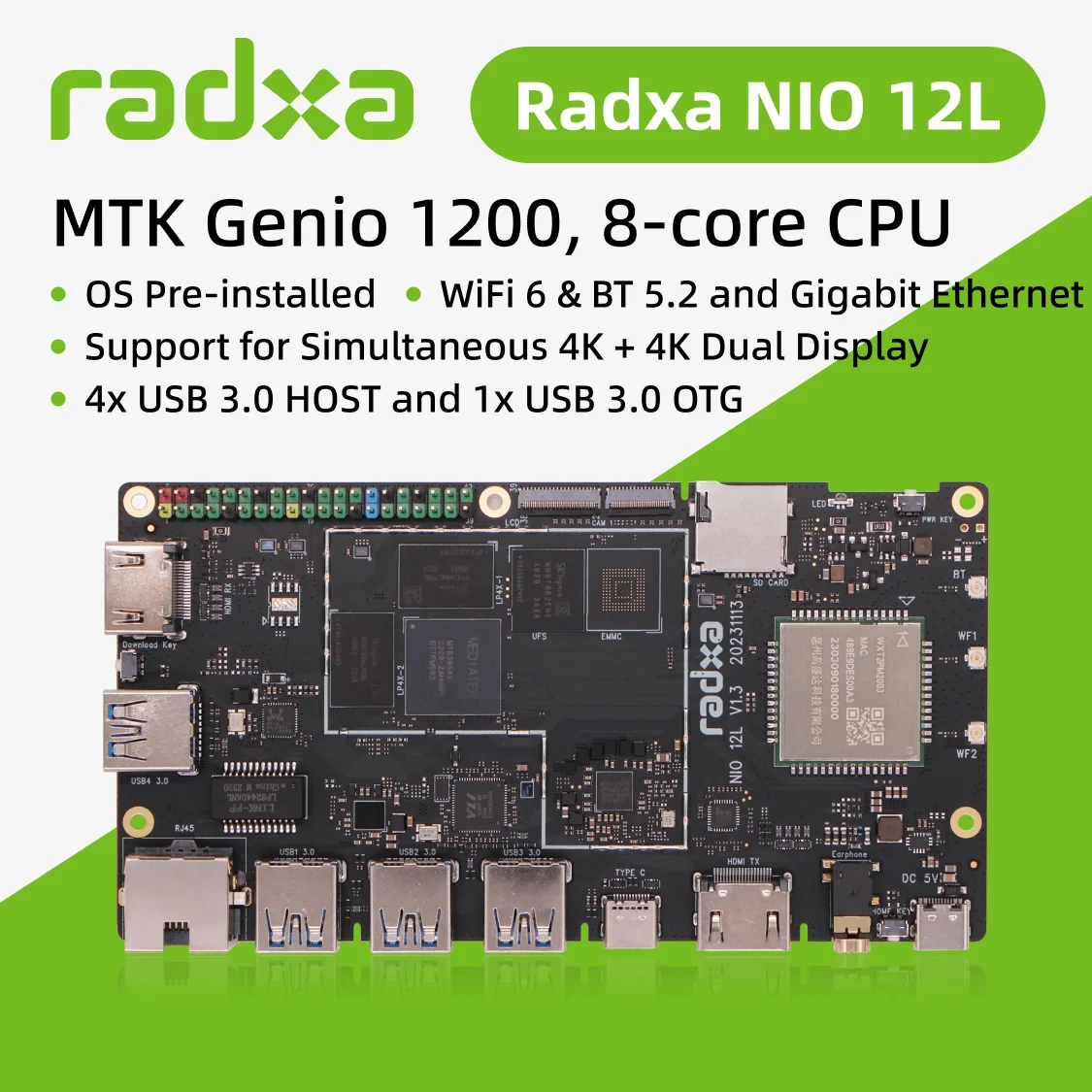 Radxa Nio 12l Sbc, 8-ядерный процессор Mtk Genio 1200, предварительно установленный, одноплатный компьютер OS
Radxa Nio 12l Sbc, 8-ядерный процессор Mtk Genio 1200, предварительно установленный, одноплатный компьютер OS